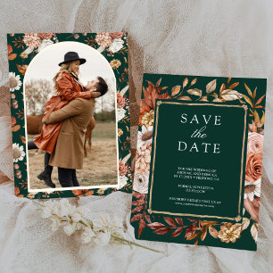 Terracotta Floral Photo Emerald Green Wedding Save The Date