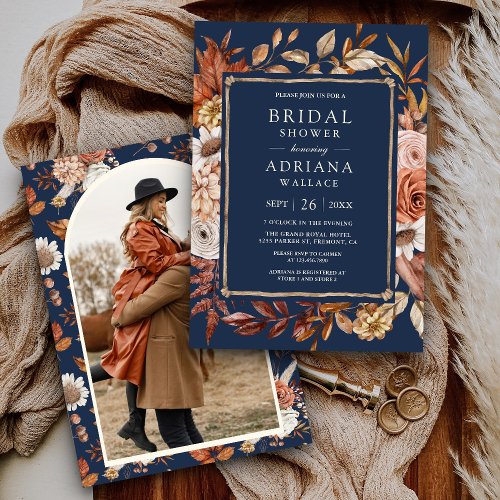 Terracotta Floral Photo Navy Blue Bridal Shower  Invitation