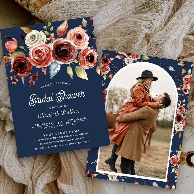 Terracotta Floral Photo Navy Blue Bridal Shower Invitation (Creator Uploaded)