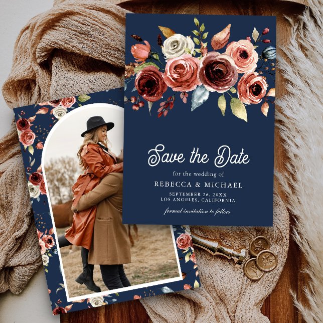 Terracotta Floral Photo Navy Blue Wedding Save The Date (Creator Uploaded)