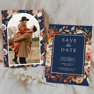 Terracotta Floral Photo Navy Blue Wedding Save The Date