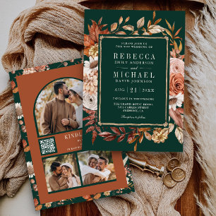 Terracotta Floral Photo QR Code Emerald Wedding Invitation