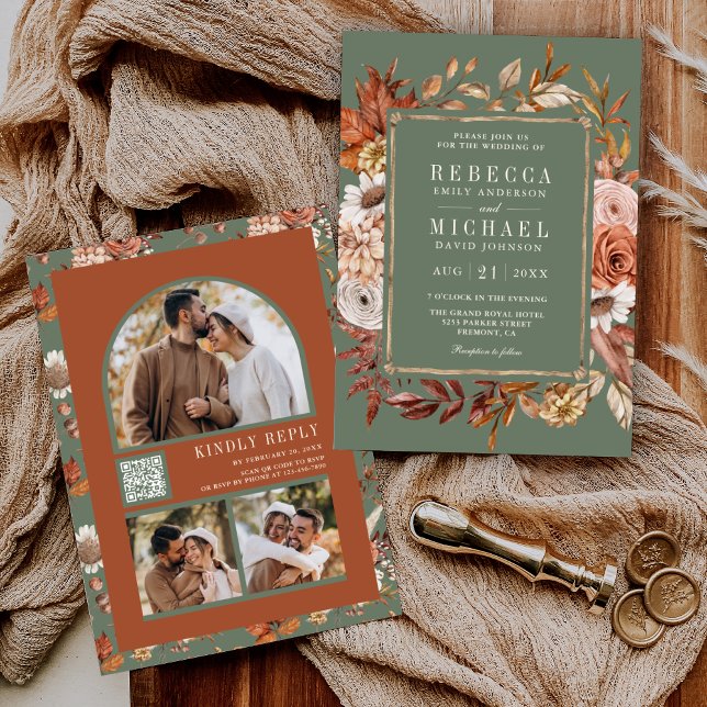 Terracotta Floral Photo QR Code Sage Wedding  Invitation (Creator Uploaded)