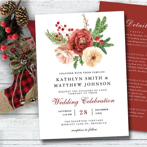 Terracotta Floral Pine All In One Winter Wedding Invitation