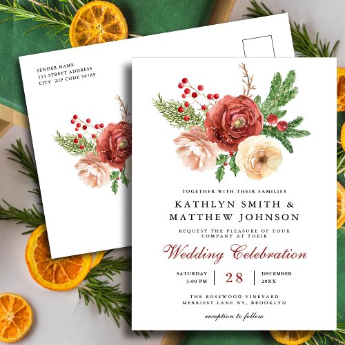 Terracotta Floral Pine Bough Foliage Wedding Invitation Postcard