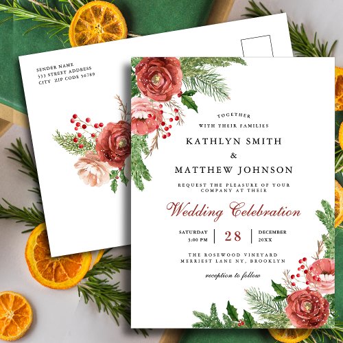 Terracotta Floral Pine Bough Foliage Wedding Invitation Postcard