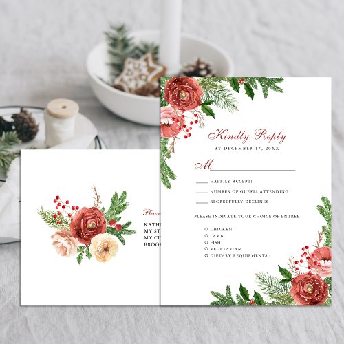 Terracotta Floral Pine Bough Foliage Wedding RSVP Invitation Postcard