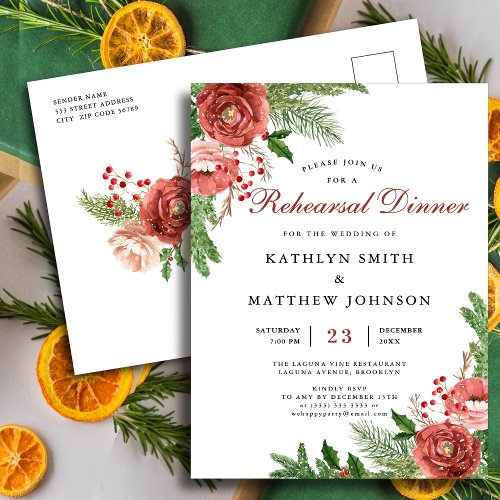 Terracotta Floral Pine Bough Rehearsal Dinner Invitation Postcard