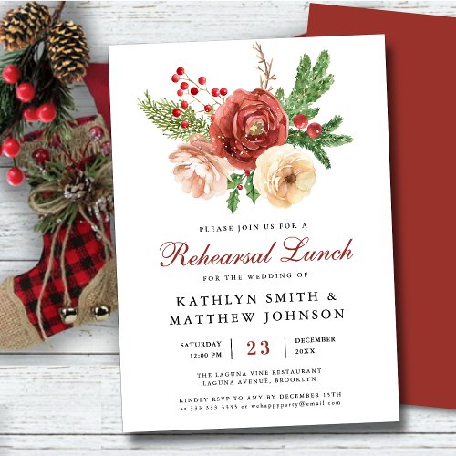 Terracotta Floral Pine Bough Rehearsal Lunch  Invitation
