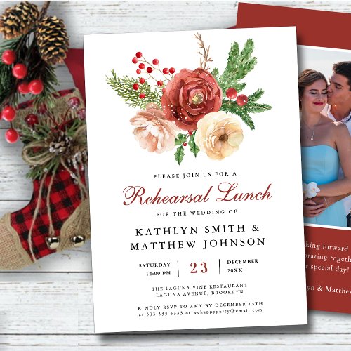 Terracotta Floral Pine Bough Rehearsal Lunch  Invitation