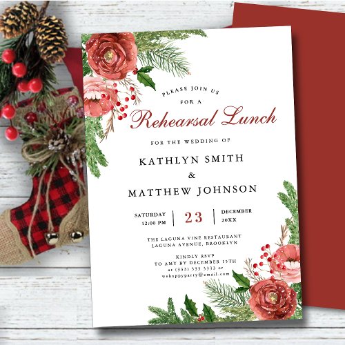 Terracotta Floral Pine Bough Rehearsal Lunch Invitation