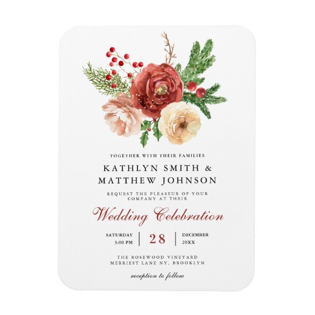 Terracotta Floral Pine Bough Wedding Invitation Magnet (Vertical)