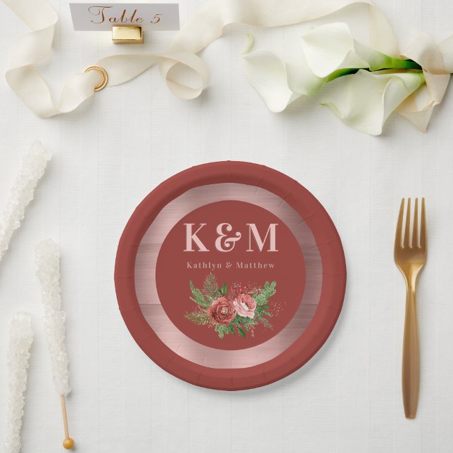 Terracotta Floral Pine Bough Wedding Monogram Paper Plates (Creator Uploaded)