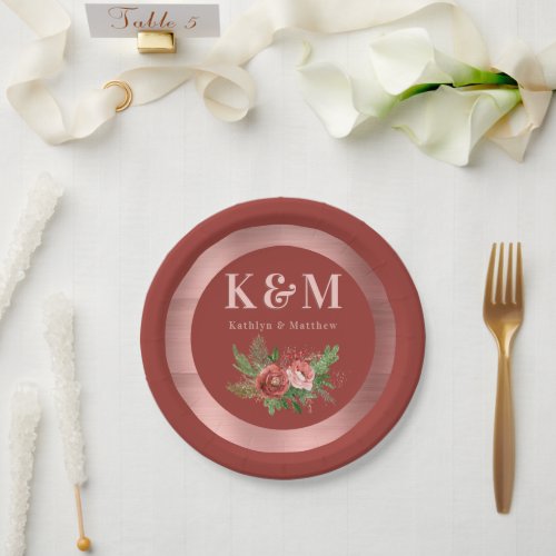 Terracotta Floral Pine Bough Wedding Monogram Paper Plates