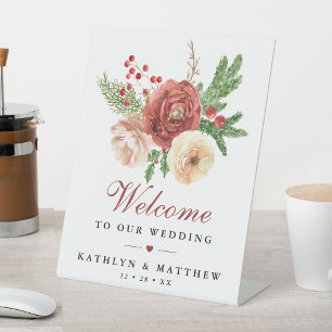 Terracotta Floral Pine Bough Wedding Welcome Pedestal Sign