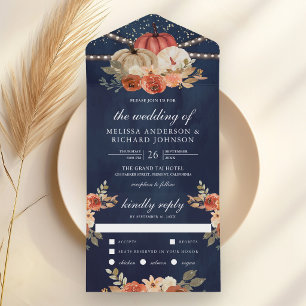 Terracotta Floral Pumpkin Navy Blue Wedding All In One Invitation
