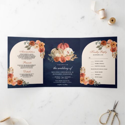 Terracotta Floral Pumpkin Navy Blue Wedding Tri-Fold Invitation