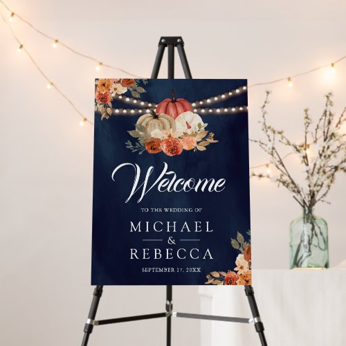 Terracotta Floral Pumpkin Navy Wedding Welcome Foam Board