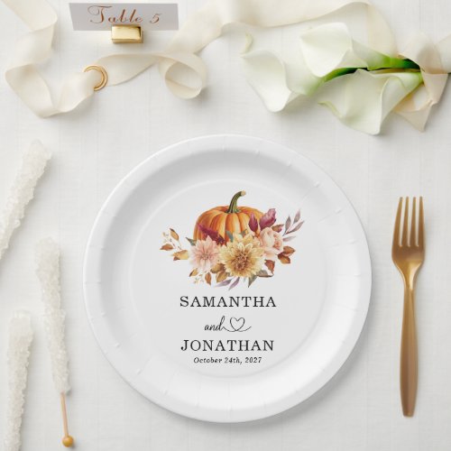 Terracotta Floral Pumpkin Wedding Couples name Paper Plates