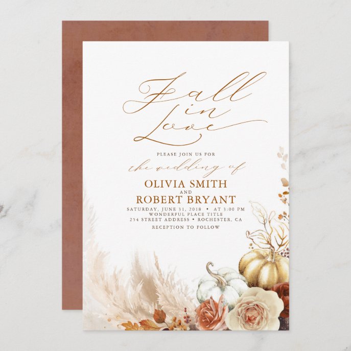 Terracotta Floral Pumpkins Fall Elegant Wedding Invitation