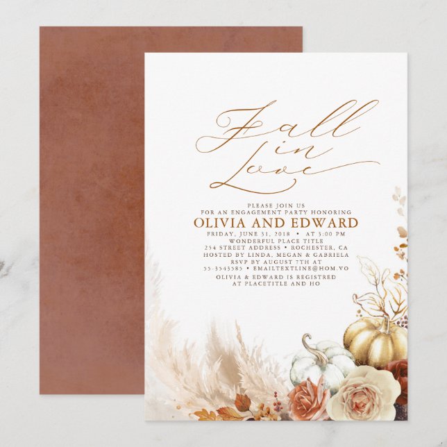 Terracotta Floral Pumpkins Fall Engagement Party Invitation (Front/Back)