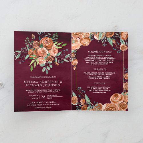 Terracotta Floral QR Code Burgundy Wedding Invitation