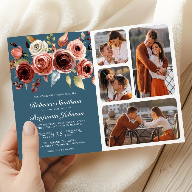 Terracotta Floral QR Code Dusty Blue Wedding Invitation (Creator Uploaded)