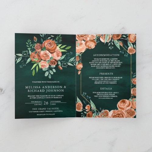 Terracotta Floral QR Code Emerald Green Wedding Invitation