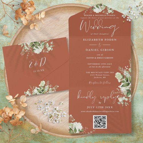 Terracotta Floral QR Code Formal Wedding All In One Invitation