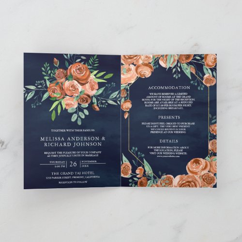 Terracotta Floral QR Code Navy Blue Wedding Invitation