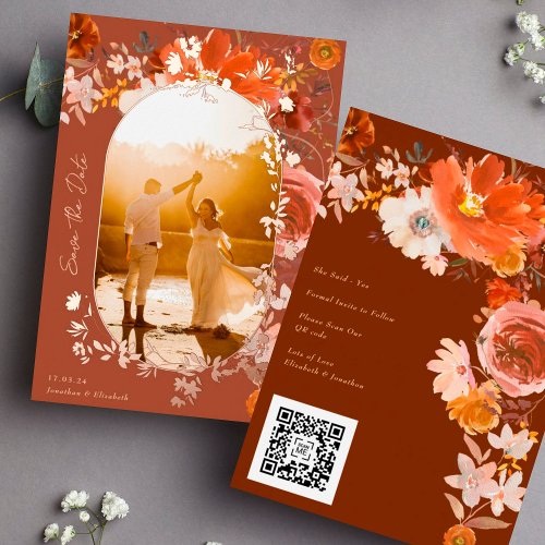 Terracotta Floral QR Code Photo Save The Date Foil Invitation
