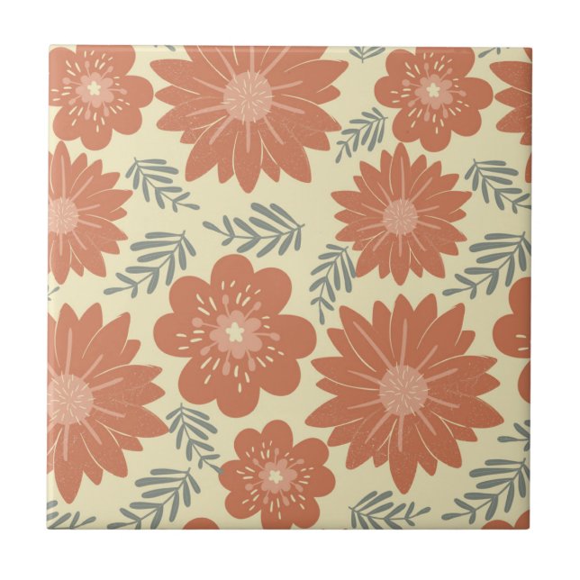 Terracotta Floral Rustic Botanical Backsplash Ceramic Tile (Front)