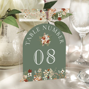 Terracotta Floral Sage Green Acrylic Table Number