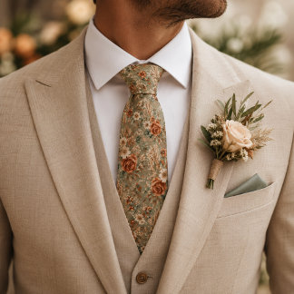 Terracotta Floral Sage Green Botanical Wedding Neck Tie
