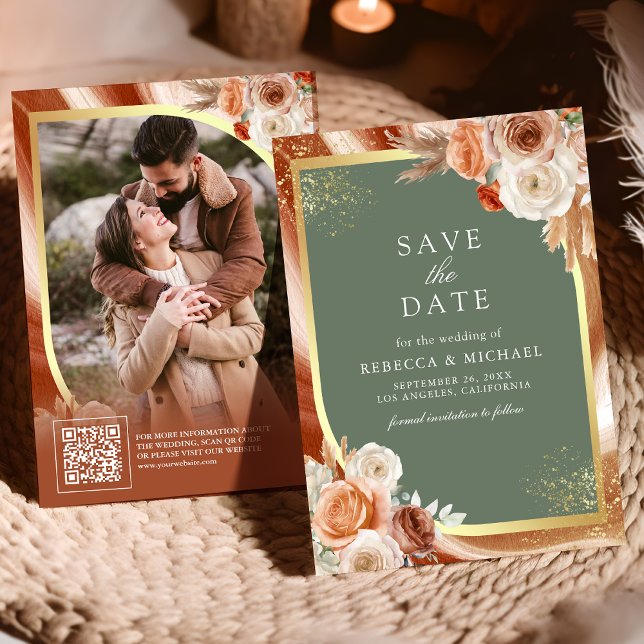Terracotta Floral Sage Green QR Code Photo Wedding Save The Date (Creator Uploaded)