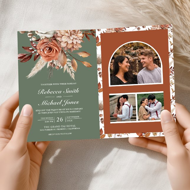 Terracotta Floral Sage Green QR Code Wedding Invitation (Creator Uploaded)