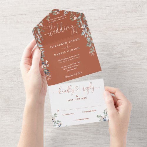 Terracotta Floral Script Hearts Minimalist Wedding All In One Invitation