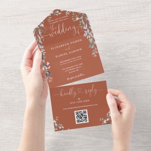 Terracotta Floral Script Hearts QR Code Wedding All In One Invitation