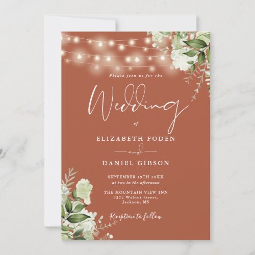 Terracotta Floral String Lights Photo Wedding Invitation