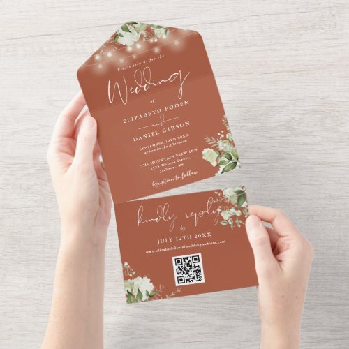 Terracotta Floral String Lights QR Code Wedding All In One Invitation