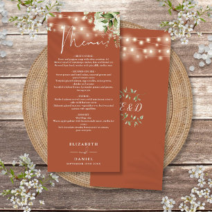 Terracotta Floral String Lights Wedding Dinner Menu