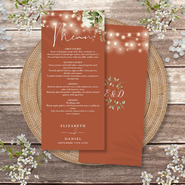 Terracotta Floral String Lights Wedding Dinner Menu (Terracotta Floral String Lights Wedding Dinner Menu)