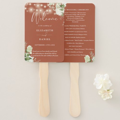 Terracotta Floral String Lights Wedding Program Hand Fan