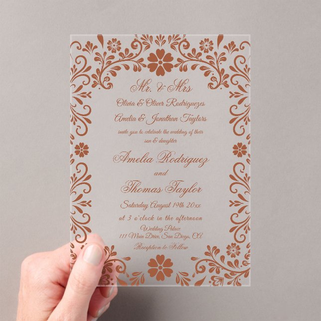 Terracotta Floral Timeless Wedding Acrylic Invitations (Insitu (Handheld))