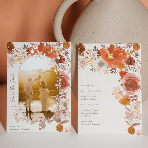 Terracotta Floral Wedding Arch Photo Save The Date Foil Invitation