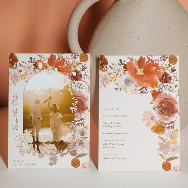 Terracotta Floral Wedding Arch Photo Save The Date Foil Invitation (Creator Uploaded)