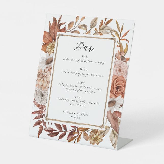Terracotta Floral Wedding Bar Signature Drink  Pedestal Sign (Front)