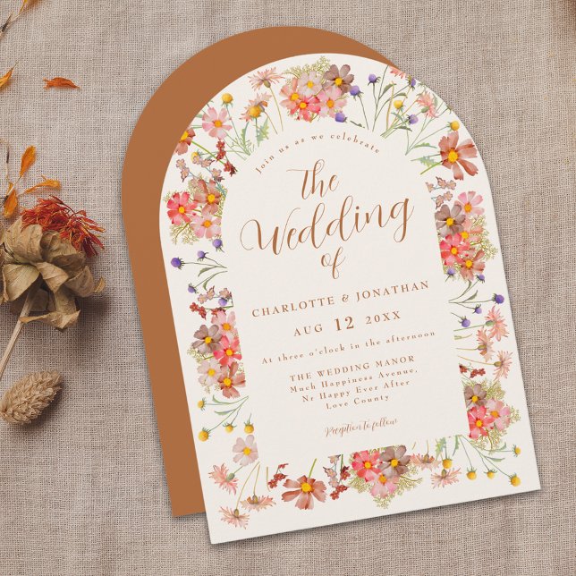 Terracotta Floral Wedding Invitation (Boho fall wildflower arch elegant script terracotta burnt orange wedding invitation )