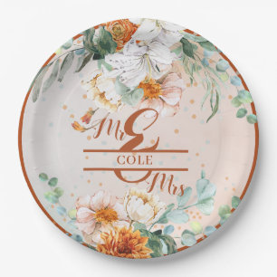Terracotta Floral Wedding Mr and Mrs Paper Plates