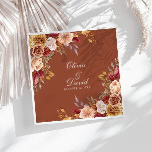 Terracotta Floral Wedding Napkins Custom Name Fall